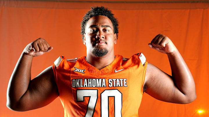 Oklahoma State offensive lineman Markell Samuel poses for a photograph during the Oklahoma State Cowboys football media days in Gallagher-Iba Arena in Stillwater, Oklahoma, Saturday, Aug., 2, 2025. Oklahoma State offensive lineman Markell Samuel poses for a photograph during the Oklahoma State Cowboys football media days in Gallagher-Iba Arena in Stillwater, Oklahoma, Saturday, Aug., 2, 2025.