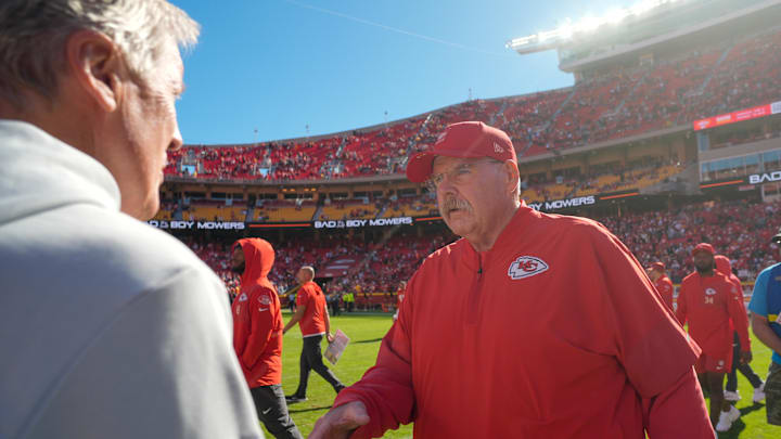 Oct 19, 2025; Kansas City, Missouri, USA; Las Vegas Raiders head coach Pete Carroll and Kansas City Chiefs head coach Andy Reid shake hands after the game at GEHA Field at Arrowhead Stadium. Mandatory Credit: Jay Biggerstaff-Imagn Images