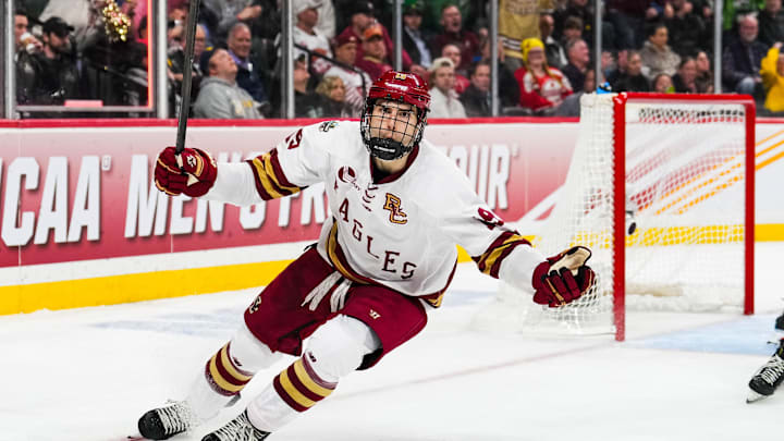 Apr 11, 2024; Saint Paul, Minnesota, USA; Boston College Eagles forward Cutter Gauthier (19) celebrates his goal in the semifinals of the 2024 Frozen Four college ice hockey tournament during the second period against the Michigan Wolverines at Xcel Energy Center. Mandatory Credit: Brace Hemmelgarn-Imagn Images