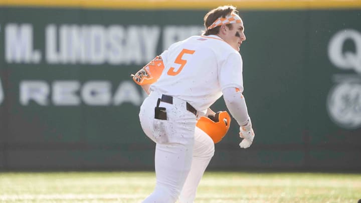 Tennessee catcher Cannon Peebles (5) is tagged out at second base at the Tennessee baseball season opener against Hofstra, in Lindsey Nelson Stadium at the University of Tennessee in Knoxville, Tenn., Friday, February. 14, 2025.
