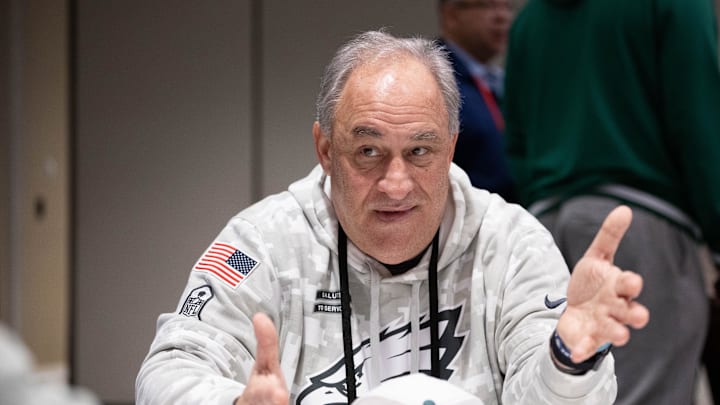 Feb 5, 2025; New Orleans, LA, USA; Philadelphia Eagles defensive coordinator Vic Fangio speaks with the media during a press conference at Hilton New Orleans Riverside. Mandatory Credit: Bill Streicher-Imagn Images
