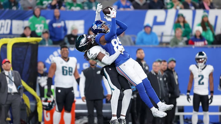 Oct 9, 2025; East Rutherford, New Jersey, USA; New York Giants wide receiver Lil'Jordan Humphrey (89) makes a reception defended by Philadelphia Eagles cornerback Kelee Ringo (7) during the first quarter of the game at MetLife Stadium. Mandatory Credit: Brad Penner-Imagn Images Oct 9, 2025; East Rutherford, New Jersey, USA; New York Giants wide receiver Lil'Jordan Humphrey (89) makes a reception defended by Philadelphia Eagles cornerback Kelee Ringo (7) during the first quarter of the game at MetLife Stadium. Mandatory Credit: Brad Penner-Imagn Images