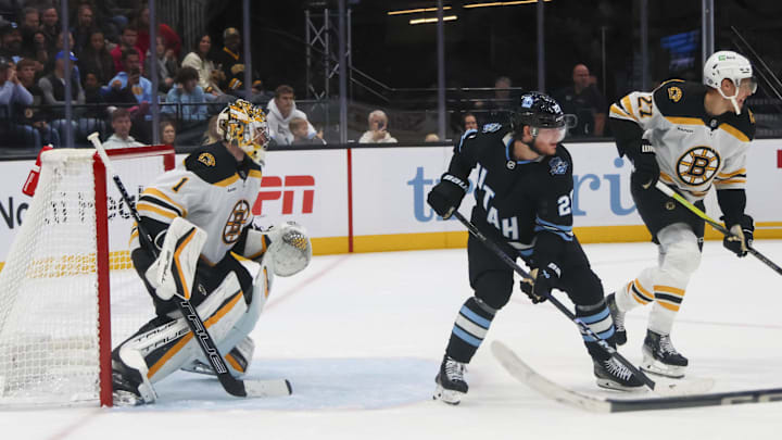 Oct 19, 2024; Salt Lake City, Utah, USA; Utah hockey Club’s Michael Kessering scores overtime goal at Delta Center. Mandatory Credit: Harry Caston-Imagn Images