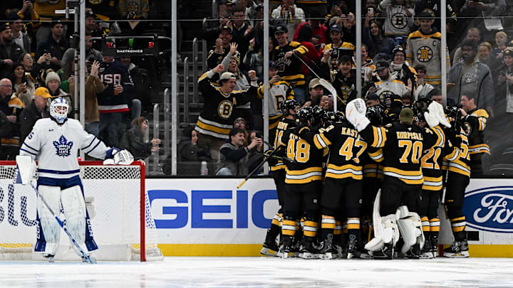Nov 11, 2025; Boston, Massachusetts, USA; The Boston Bruins react after the right wing David Pastrnak (88) scored his 400th goal against the Toronto Maple Leafs during the second period at the TD Garden. Mandatory Credit: Brian Fluharty-Imagn Images