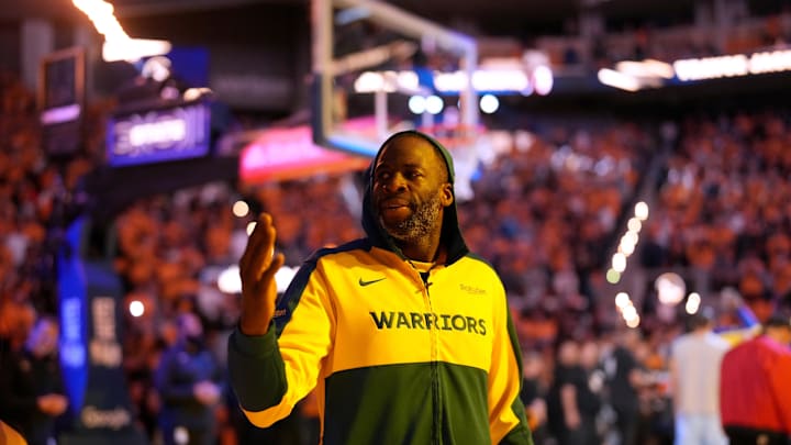 May 12, 2025; San Francisco, California, USA; Golden State Warriors forward Draymond Green (23) blows a kiss towards the crowd before the start of the game against the Minnesota Timberwolves during game four of the second round for the 2025 NBA Playoffs at Chase Center. Mandatory Credit: Cary Edmondson-Imagn Images