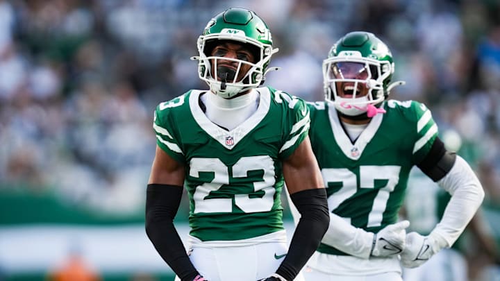 New York Jets cornerback Azareye'h Thomas (23) and New York Jets defensive back Malachi Moore (27) celebrate during a game against the Carolina Panthers at MetLife Stadium, Oct 19, 2025, East Rutherford, NJ, USA. New York Jets cornerback Azareye'h Thomas (23) and New York Jets defensive back Malachi Moore (27) celebrate during a game against the Carolina Panthers at MetLife Stadium, Oct 19, 2025, East Rutherford, NJ, USA.
