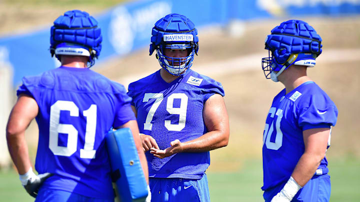 Jun 8, 2022; Los Angeles, CA, USA;  Los Angeles Rams tackle Rob Havenstein (79) speaks with guard Logan Bruss (60) and guard A.J. Arcuri (61) during mini camp at Cal Lutheran University. Mandatory Credit: Gary A. Vasquez-Imagn Images