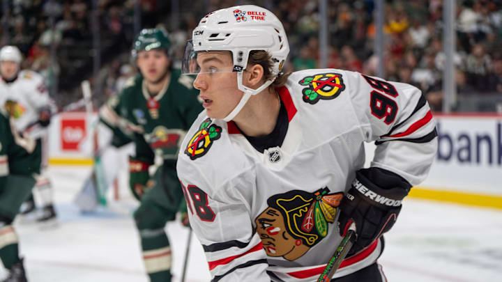 Oct 1, 2024; Saint Paul, Minnesota, USA; Chicago Blackhawks center Connor Bedard (98) skates in the Minnesota Wild zone in the first period at Xcel Energy Center. Mandatory Credit: Matt Blewett-Imagn Images Oct 1, 2024; Saint Paul, Minnesota, USA; Chicago Blackhawks center Connor Bedard (98) skates in the Minnesota Wild zone in the first period at Xcel Energy Center. Mandatory Credit: Matt Blewett-Imagn Images