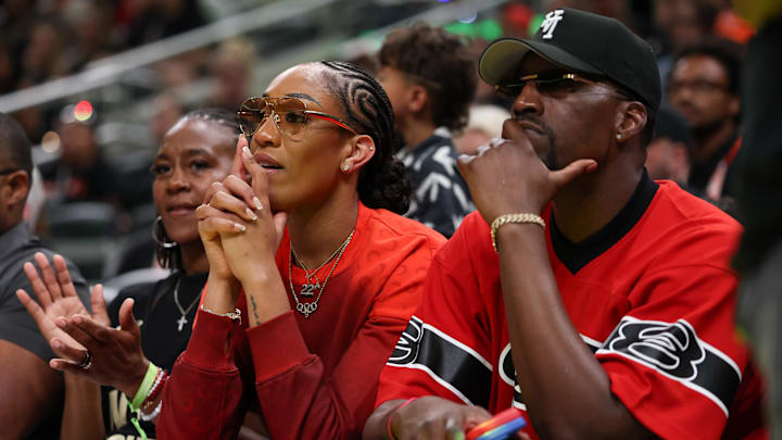 Las Vegas Aces forward A’ja Wilson and boyfriend Miami Heat player Bam Adebayo watch the three-point contest during the 2025 WNBA All Star Skills Challenge. Las Vegas Aces forward A’ja Wilson and boyfriend Miami Heat player Bam Adebayo watch the three-point contest during the 2025 WNBA All Star Skills Challenge.