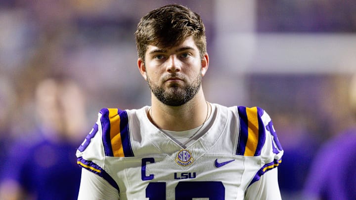 Nov 22, 2025; Baton Rouge, Louisiana, USA;  LSU Tigers quarterback Garrett Nussmeier (18) looks on against the Western Kentucky Hilltoppers  during the pre-game at Tiger Stadium. Mandatory Credit: Stephen Lew-Imagn Images