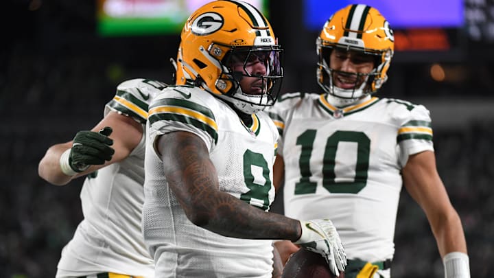 Jan 12, 2025; Philadelphia, Pennsylvania, USA; Green Bay Packers running back Josh Jacobs (8) reacts during the second half in an NFC wild card game at Lincoln Financial Field. Mandatory Credit: Eric Hartline-Imagn Images