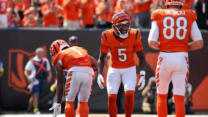 Sep 14, 2025; Cincinnati, Ohio, USA; Cincinnati Bengals wide receiver Ja'Marr Chase (1) celebrates his touchdown  with wide receiver Tee Higgins (5) during the first quarter against the Jacksonville Jaguars at Paycor Stadium. Mandatory Credit: Joseph Maiorana-Imagn Images