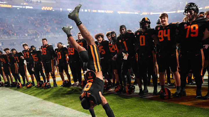Tennessee defensive back Jakobe Thomas (9) does a cartwheel after a game between Tennessee and Kentucky at Neyland Stadium in Knoxville, Tenn., Saturday, Nov. 2, 2024.