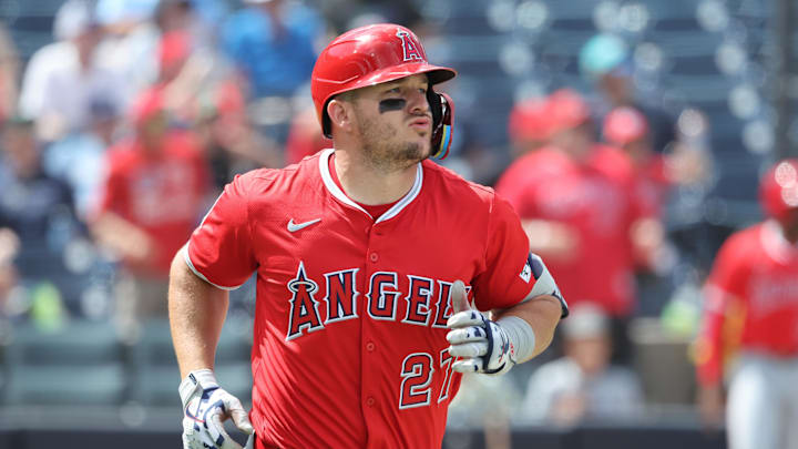 Apr 10, 2025; Tampa, Fl, USA; Los Angeles Angels designated hitter Mike Trout (27) hits a home run during the ninth inning against the Tampa Bay Rays at George M. Steinbrenner Field. Mandatory Credit: Kim Klement Neitzel-Imagn Images