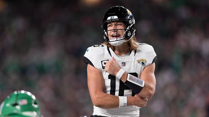 Nov 3, 2024; Philadelphia, Pennsylvania, USA; Jacksonville Jaguars quarterback Trevor Lawrence (16) calls a play during the third quarter against the Philadelphia Eagles at Lincoln Financial Field. Mandatory Credit: Bill Streicher-Imagn Images