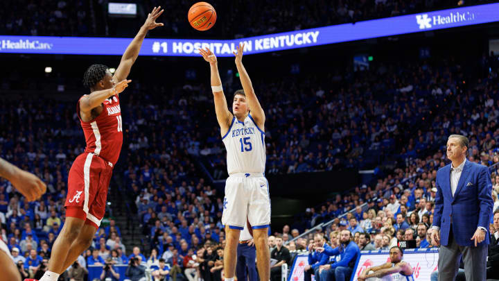 Feb 24, 2024; Lexington, Kentucky, USA; Kentucky Wildcats guard Reed Sheppard (15) makes a three point basket during the second half against the Alabama Crimson Tide at Rupp Arena at Central Bank Center. Mandatory Credit: Jordan Prather-USA TODAY Sports Feb 24, 2024; Lexington, Kentucky, USA; Kentucky Wildcats guard Reed Sheppard (15) makes a three point basket during the second half against the Alabama Crimson Tide at Rupp Arena at Central Bank Center. Mandatory Credit: Jordan Prather-USA TODAY Sports