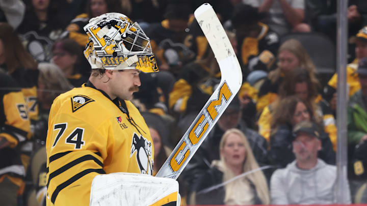 Apr 18, 2026; Pittsburgh, Pennsylvania, USA; Pittsburgh Penguins goaltender Stuart Skinner (74) returns to his net against the Philadelphia Flyers during the second period in game one of the first round of the 2026 Stanley Cup Playoffs at PPG Paints Arena. Mandatory Credit: Charles LeClaire-Imagn Images