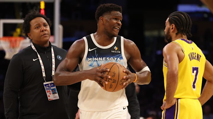 Feb 27, 2025; Los Angeles, California, USA: Minnesota Timberwolves guard Anthony Edwards (5) reacts after being ejected during the third quarter against the Los Angeles Lakers at Crypto.com Arena. Mandatory Credit: Jason Parkhurst-Imagn Images