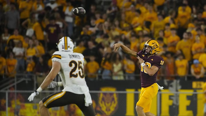 August 31, 2024; Tempe, Ariz.; USA; ASU quarterback Sam Leavitt (10) throws a pass during a game against Wyoming at Sun Devil Stadium.