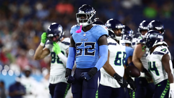 Tennessee Titans linebacker James Williams celebrates a sack of Seattle Seahawks quarterback PJ Walker. Mandatory Credit: Casey Gower-Imagn Images Tennessee Titans linebacker James Williams celebrates a sack of Seattle Seahawks quarterback PJ Walker. Mandatory Credit: Casey Gower-Imagn Images