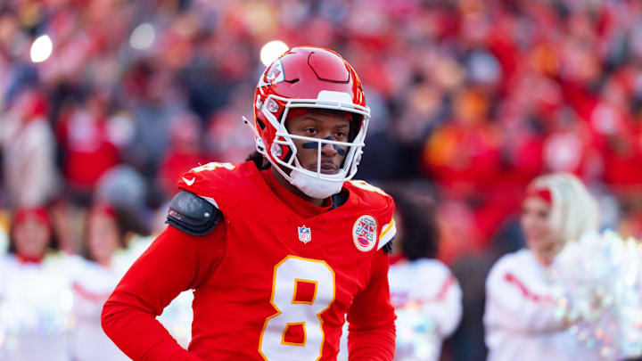 Jan 26, 2025; Kansas City, MO, USA; Kansas City Chiefs wide receiver DeAndre Hopkins (8) against the Buffalo Bills in the AFC Championship game at GEHA Field at Arrowhead Stadium. Mandatory Credit: Mark J. Rebilas-Imagn Images