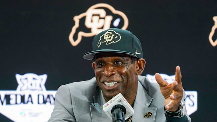 Jul 9, 2025; Frisco, TX, USA; Colorado head coach Deion Sanders speaks with the media during 2025 Big 12 Football Media Days at The Star. Mandatory Credit: Raymond Carlin III-Imagn Images