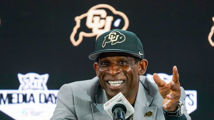 Jul 9, 2025; Frisco, TX, USA; Colorado head coach Deion Sanders speaks with the media during 2025 Big 12 Football Media Days at The Star. Mandatory Credit: Raymond Carlin III-Imagn Images