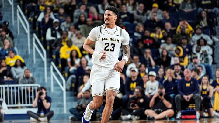 Michigan forward Yaxel Lendeborg (23) reacts after a play against Oakland during the first half at Crisler Center in Ann Arbor on Monday, November 3, 2025.