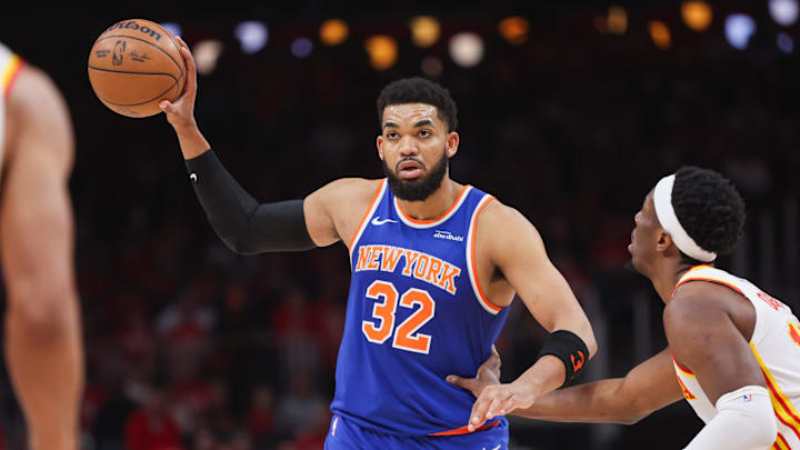 Knicks center Karl-Anthony Towns handles the ball against the Hawks during Game 3 of their first-round NBA playoffs series.