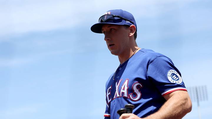 Aug 16, 2026; West Sacramento, California, USA; Texas Rangers left fielder Wyatt Langford (36) walks towards the dugout before the start of a baseball game against the Athletics at Sutter Health Park. Mandatory Credit: Dennis Lee-Imagn Images