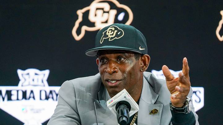 Jul 9, 2025; Frisco, TX, USA; Colorado head coach Deion Sanders speaks with the media during 2025 Big 12 Football Media Days at The Star. Mandatory Credit: Raymond Carlin III-Imagn Images Jul 9, 2025; Frisco, TX, USA; Colorado head coach Deion Sanders speaks with the media during 2025 Big 12 Football Media Days at The Star. Mandatory Credit: Raymond Carlin III-Imagn Images