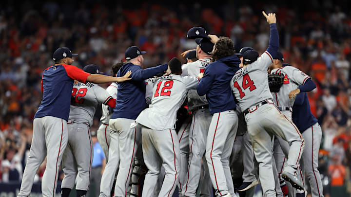 The Atlanta Braves celebrate after winning the 2021 World Series