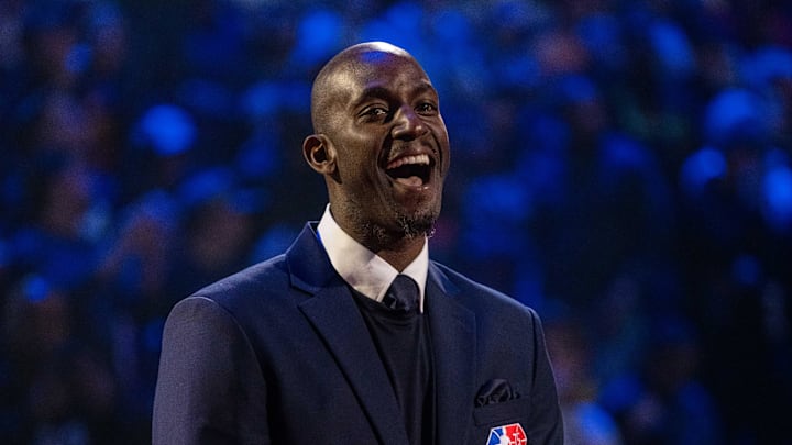 February 20, 2022; Cleveland, Ohio, USA; NBA great Kevin Garnett is honored for being selected to the NBA 75th Anniversary Team during halftime in the 2022 NBA All-Star Game at Rocket Mortgage FieldHouse. Mandatory Credit: Kyle Terada-Imagn Images