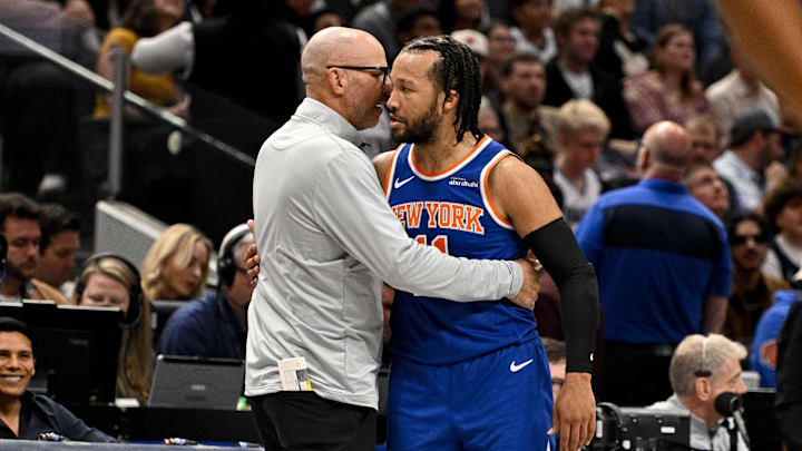 Nov 27, 2024; Dallas, Texas, USA; Dallas Mavericks head coach Jason Kidd hugs New York Knicks guard Jalen Brunson (11) during the first quarter at the American Airlines Center. Mandatory Credit: Jerome Miron-Imagn Images