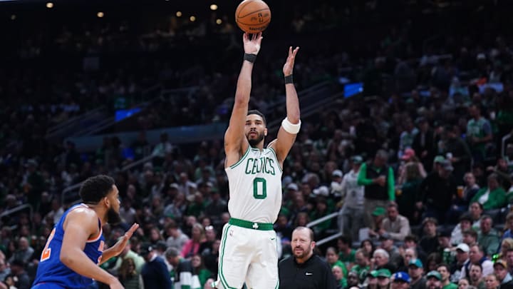Boston Celtics forward Jayson Tatum shoots the ball against the New York Knicks. Mandatory Credit: David Butler II-Imagn Images