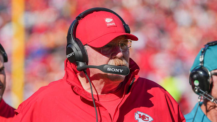 Nov 23, 2025; Kansas City, Missouri, USA; Kansas City Chiefs head coach Andy Reid watches play against the Indianapolis Colts during the game at GEHA Field at Arrowhead Stadium. Mandatory Credit: Denny Medley-Imagn Images Nov 23, 2025; Kansas City, Missouri, USA; Kansas City Chiefs head coach Andy Reid watches play against the Indianapolis Colts during the game at GEHA Field at Arrowhead Stadium. Mandatory Credit: Denny Medley-Imagn Images