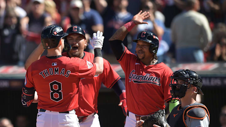 Oct 5, 2024; Cleveland, OH, USA; Cleveland Guardians outfielder Lane Thomas (8) celebrates with teammates after hitting a three-run home run against the Detroit Tigers in the first inning in game one of the ALDS for the 2024 MLB Playoffs at Progressive Field. Oct 5, 2024; Cleveland, OH, USA; Cleveland Guardians outfielder Lane Thomas (8) celebrates with teammates after hitting a three-run home run against the Detroit Tigers in the first inning in game one of the ALDS for the 2024 MLB Playoffs at Progressive Field.