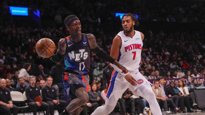 Apr 6, 2024; Brooklyn, New York, USA; Brooklyn Nets point guard Dennis Schroder (17) passes the ball against Detroit Pistons small forward Troy Brown Jr. (7) during the second half at Barclays Center. Mandatory Credit: Gregory Fisher-USA TODAY Sports Apr 6, 2024; Brooklyn, New York, USA; Brooklyn Nets point guard Dennis Schroder (17) passes the ball against Detroit Pistons small forward Troy Brown Jr. (7) during the second half at Barclays Center. Mandatory Credit: Gregory Fisher-USA TODAY Sports