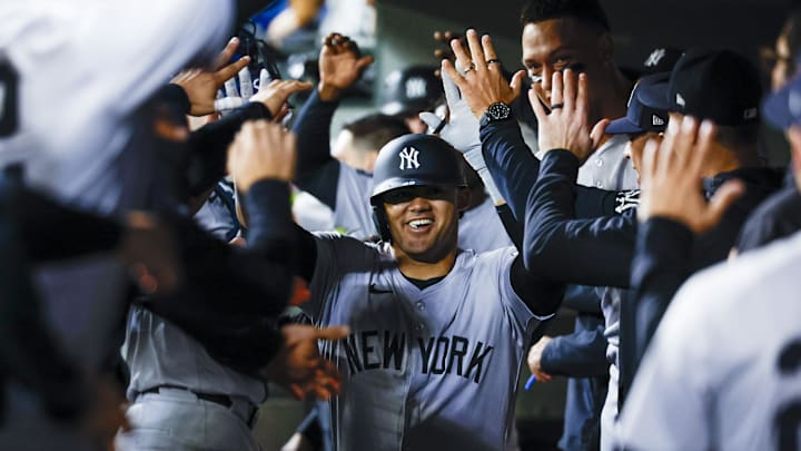 Sep 17, 2024; Seattle, Washington, USA; New York Yankees center fielder Jasson Dominguez (89) celebrates with teammates in the dugout after hitting a solo-home run against the Seattle Mariners during the fifth inning at T-Mobile Park. Mandatory Credit: Joe Nicholson-Imagn Images