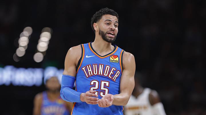 Mar 9, 2026; Oklahoma City, Oklahoma, USA; Oklahoma City Thunder guard Ajay Mitchell (25) talks to the bench after a play against the Denver Nuggets during the second quarter at Paycom Center. Mandatory Credit: Alonzo Adams-Imagn Images