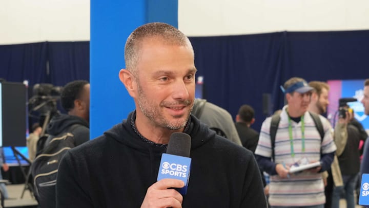Feb 25, 2025; Indianapolis, IN, USA; Las Vegas Raiders general manager John Spytek (left) is interviewed by CBS Sports reporter Aditi Kinkhabwala during the NFL Scouting Combine at the Indiana Convention Center. Mandatory Credit: Kirby Lee-Imagn Images