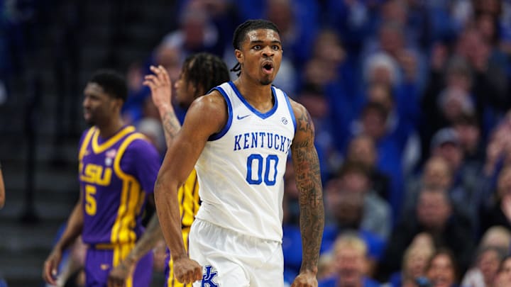 Mar 4, 2025; Lexington, Kentucky, USA; Kentucky Wildcats guard Otega Oweh (00) reacts after scoring a basket during the first half against the LSU Tigers at Rupp Arena at Central Bank Center. Mandatory Credit: Jordan Prather-Imagn Images