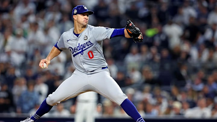 Oct 30, 2024; New York, New York, USA; Los Angeles Dodgers pitcher Jack Flaherty (0) pitches during the first inning against the New York Yankees in game four of the 2024 MLB World Series at Yankee Stadium. Oct 30, 2024; New York, New York, USA; Los Angeles Dodgers pitcher Jack Flaherty (0) pitches during the first inning against the New York Yankees in game four of the 2024 MLB World Series at Yankee Stadium.