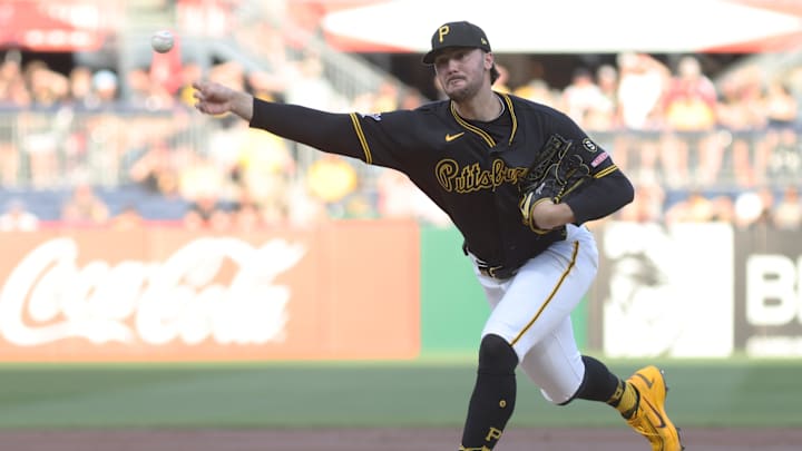 Apr 13, 2026; Pittsburgh, Pennsylvania, USA;  Pittsburgh Pirates starting pitcher Paul Skenes (30) delivers a pitch against the Washington Nationals during the first inning at PNC Park. Mandatory Credit: Charles LeClaire-Imagn Images