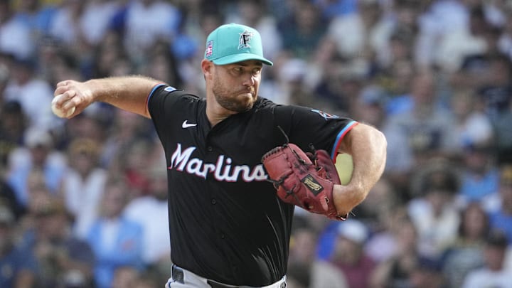 Jul 25, 2025; Milwaukee, Wisconsin, USA; Miami Marlins pitcher Anthony Bender (37) delivers a pitch against the Milwaukee Brewers in the seventh inning at American Family Field. Mandatory Credit: Michael McLoone-Imagn Images