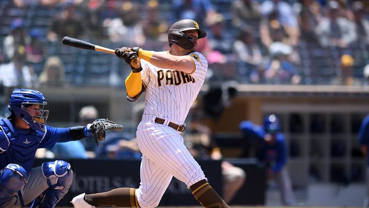Jun 9, 2021; San Diego, California, USA; San Diego Padres left fielder Brian O'Grady (24) hits a single against the Chicago Cubs during the second inning at Petco Park. Mandatory Credit: Orlando Ramirez-Imagn Images Jun 9, 2021; San Diego, California, USA; San Diego Padres left fielder Brian O'Grady (24) hits a single against the Chicago Cubs during the second inning at Petco Park. Mandatory Credit: Orlando Ramirez-Imagn Images