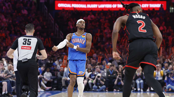 Feb 7, 2025; Oklahoma City, Oklahoma, USA; Oklahoma City Thunder guard Shai Gilgeous-Alexander (2) reacts after a basket against the Toronto Raptors during the second quarter at Paycom Center. Mandatory Credit: Alonzo Adams-Imagn Images