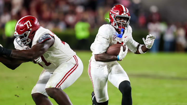Oct 25, 2025; Columbia, South Carolina, USA; Alabama Crimson Tide wide receiver Germie Bernard (5) rushes against the South Carolina Gamecocks in the second half at Williams-Brice Stadium. Mandatory Credit: Jeff Blake-Imagn Images Oct 25, 2025; Columbia, South Carolina, USA; Alabama Crimson Tide wide receiver Germie Bernard (5) rushes against the South Carolina Gamecocks in the second half at Williams-Brice Stadium. Mandatory Credit: Jeff Blake-Imagn Images