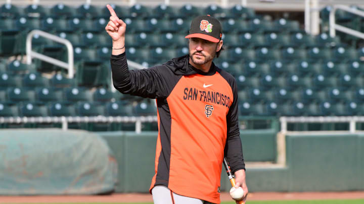 Feb 18, 2026; Scottsdale, AZ, USA; San Francisco Giants manager Tony Vitello (23) reacts during a Spring Training workout at Scottsdale Stadium Mandatory Credit: Matt Kartozian-Imagn Images