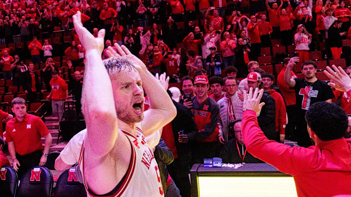 Nebraska forward Rienk Mast celebrates after defeating Michigan State at Pinnacle Bank Arena, one of the Huskers' signature wins in 2026.